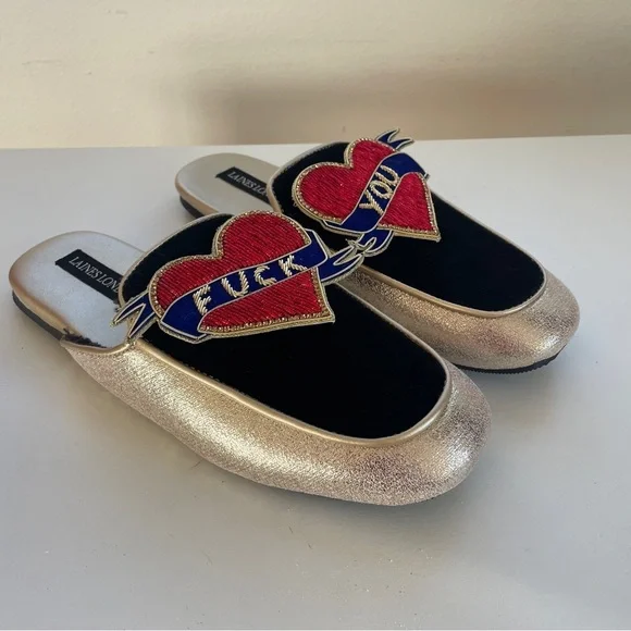 NWOT Wolf & Badger Laines London F You Gold Mules Terry Fleece slippers flats 7 - Picture 3 of 9